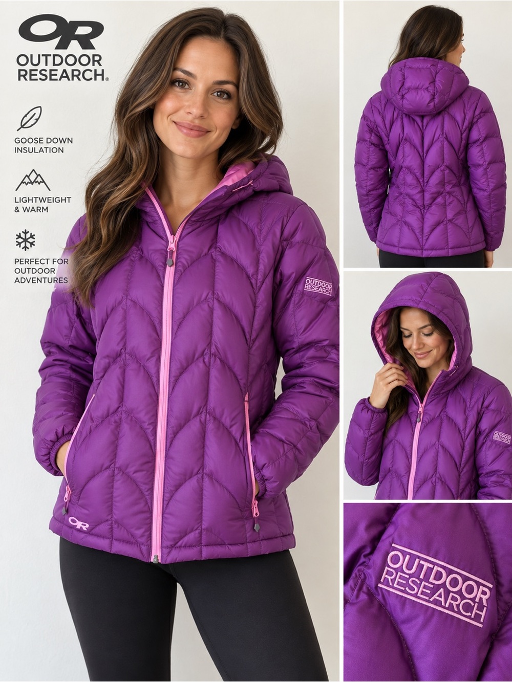 Outdoor Research Women’s L Purple Pink Goose Down Hooded Puffer Jacket